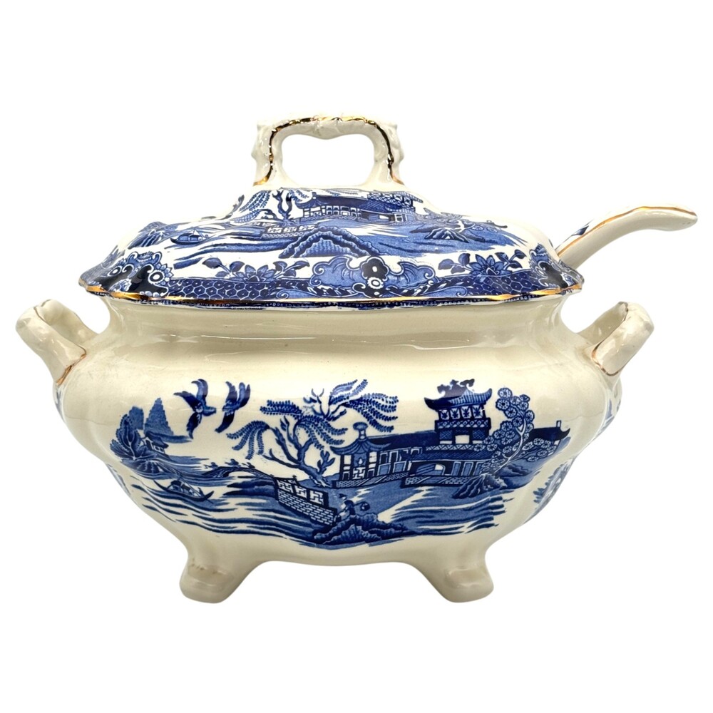 Burleigh Ware Blue Willow Soup Tureen Bowl Ladle Footed Dinnerware Tableware UK